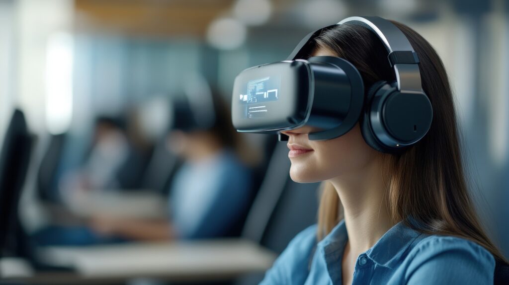 young woman engaged in virtual reality experience with headset and headphones in modern office setting, concentrating on digital environment and technology usage young woman engaged in virtual reality experience with headset and headphones in modern office setting, concentrating on digital environment and technology usage