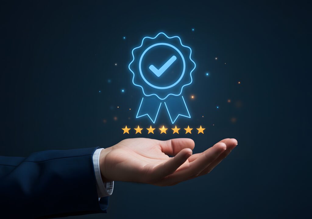 professional businessman hand holding blue glowing quality guarantee medal icon with five gold stars symbol for high standard service and customer satisfaction excellence concept professional businessman hand holding blue glowing quality guarantee medal icon with five gold stars symbol for high standard service and customer satisfaction excellence concept
